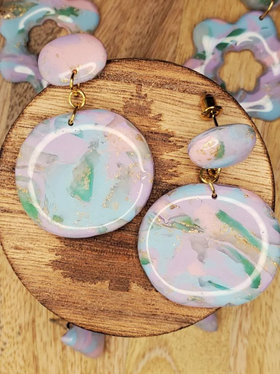 Pink, Blue, Green White Marble Look Polymer Clay Earrings